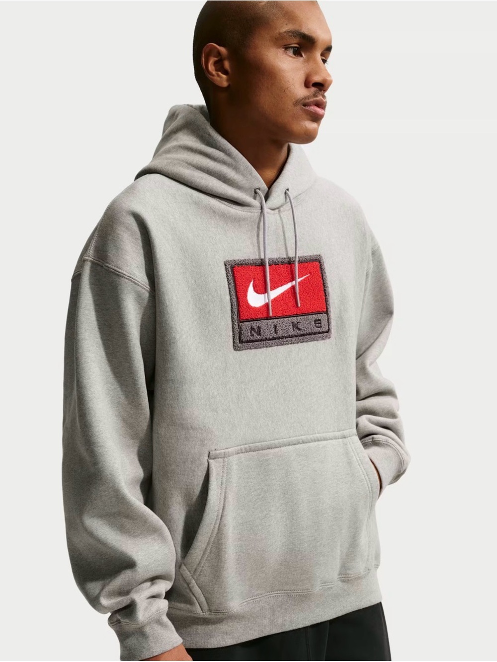 Nike Solo Swoosh Mens Fleece Gray Pullover Hoodie with Red Swoosh Patch Size Med